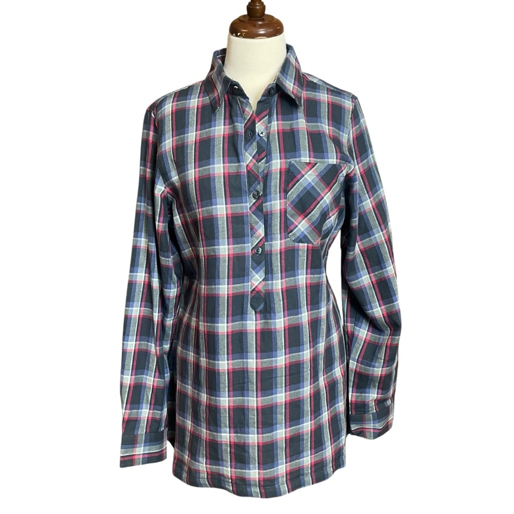 Columbia Blue Gray Plaid Popover Tunic Top Womens Size L